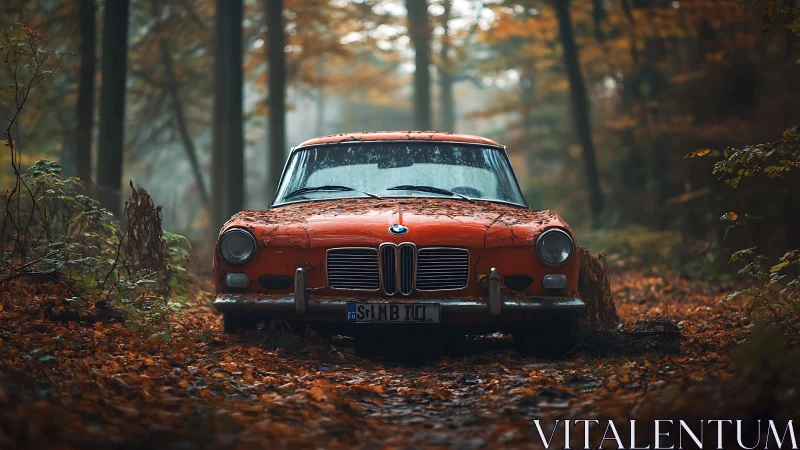 Rusty red classic car resting quietly in an autumn forest.