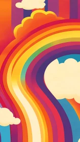Vibrant curved rainbow over stylized clouds in sunset sky.