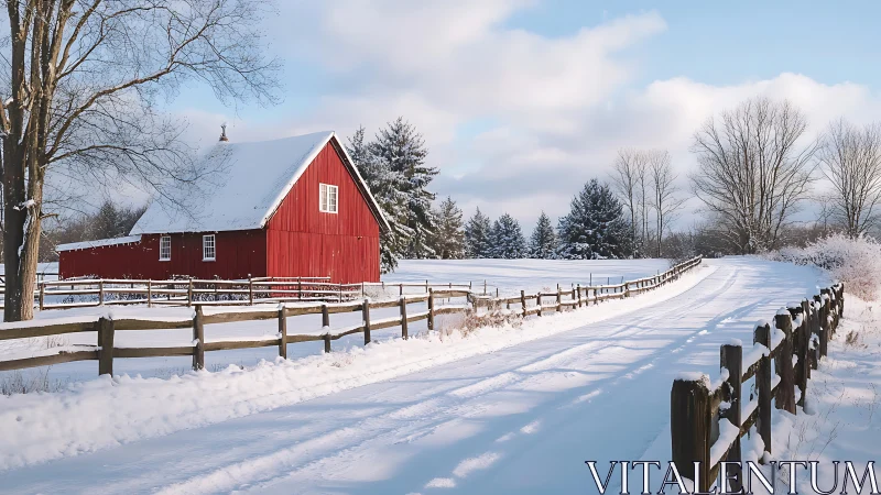 Red barn and fenced snow-covered road under winter light