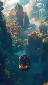 Sunlit mountain cable car drifting through hidden sky temples.