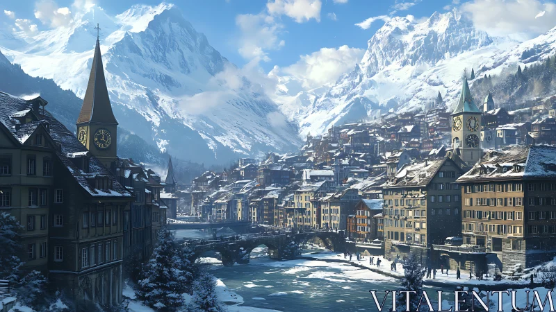 Snow covered alpine town with river and church towers.