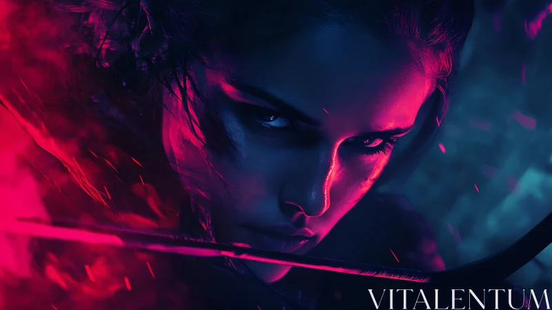 Neon-lit archer portrait with intense cinematic focus.