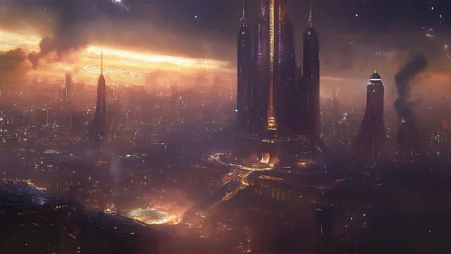 Futuristic high rise complex stands over dense smoggy city