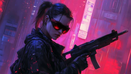 Cyberpunk sniper grips rifle under neon city haze