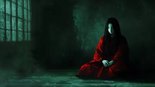 Woman in red robe sits alone in dim green interior