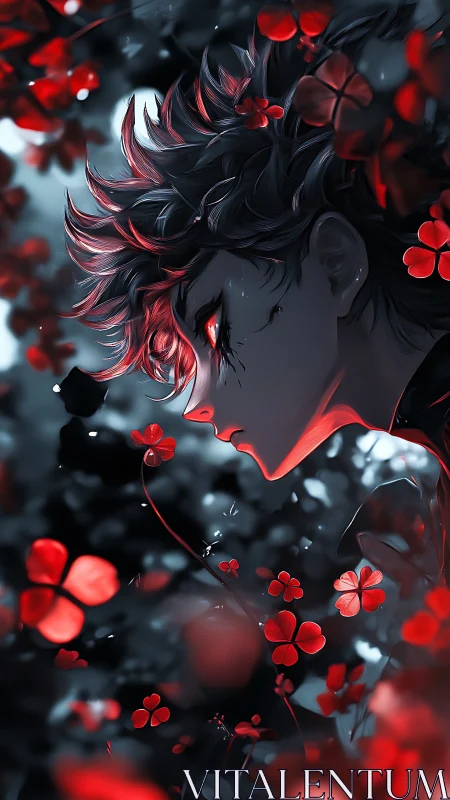 Crimson-eyed anime warrior framed by glowing red petals.