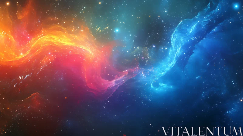 Cosmic red and blue nebulae collide in a star-filled void.