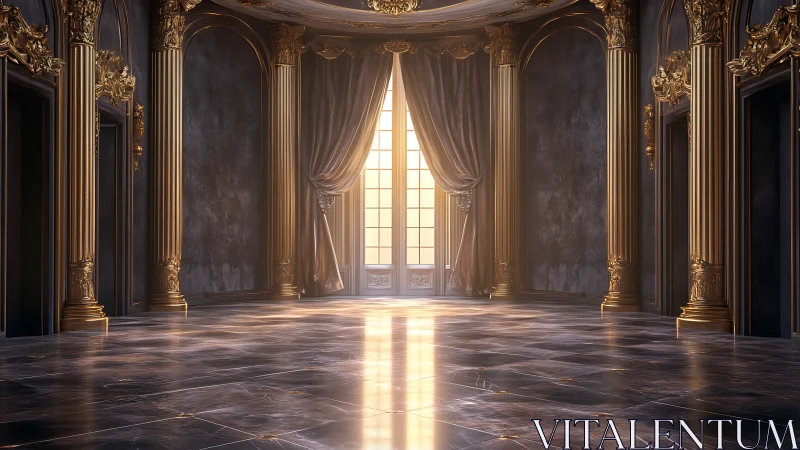 Sunlit baroque hall with gilded columns and marble floor