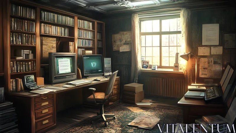 Dim study with dual CRT workstations and wall shelving units.