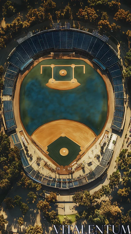 Overhead view of baseball stadium forming face-like layout.