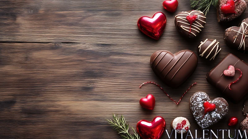 Luxury Chocolate Hearts Arranged with Metallic Accents and Winter Botanicals.