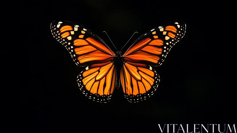 Monarch butterfly glowing like quiet fire against night.