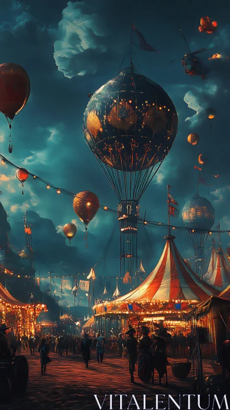 Steampunk night carnival glows beneath drifting sky lanterns
