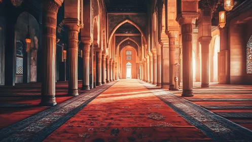Sunlit hypostyle mosque nave with axial perspective symmetry.