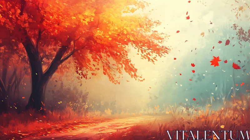 Autumn forest path under glowing orange canopy in mist.