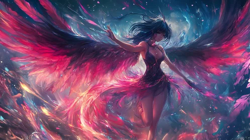 Winged female figure spreads glowing red and purple feathers