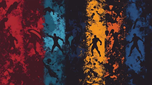 Abstract superhero silhouettes over bold color splashes.