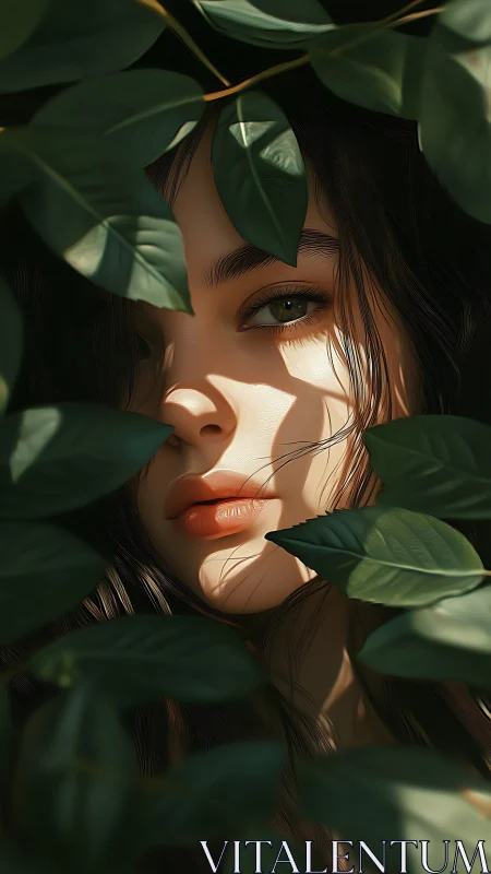 Portrait of young woman framed by dense green leaves.