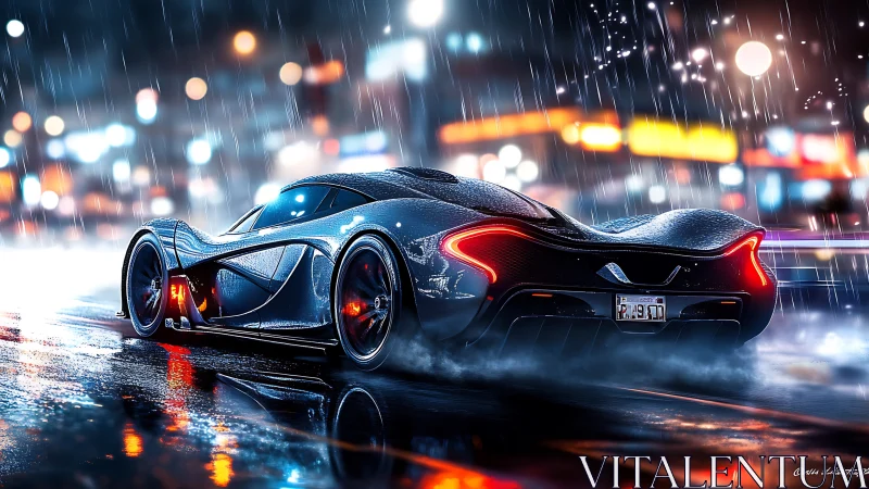 Hypercar in neon rain with dynamic motion reflections.
