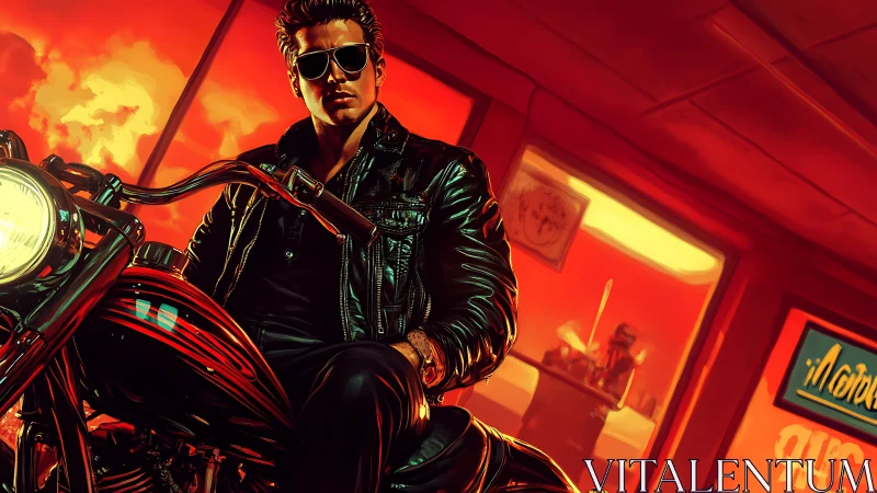 Motorcyclist in leather jacket under intense red lighting.