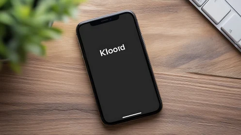 Smartphone lock screen displays Kloord logo on wood desk