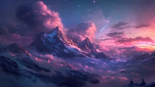 Starlit alpine peaks glow beneath radiant cosmic dusk.
