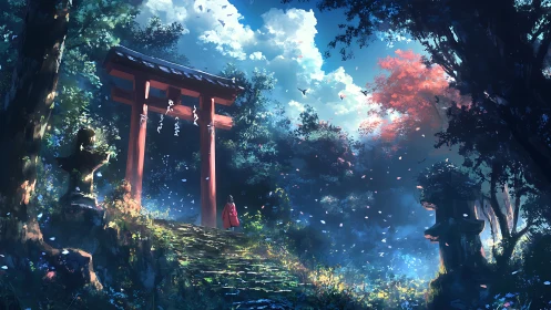 Sunlit torii gate crowns a mist-laden forest shrine path