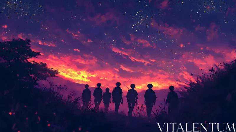 Silhouetted figures beneath starry dusk sky and horizon.