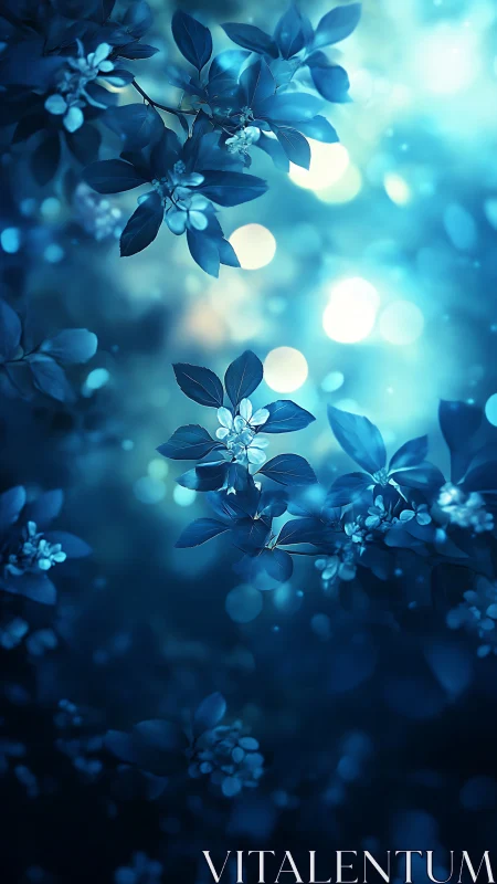 Blue Flowering Branches with Soft Bokeh Lights.