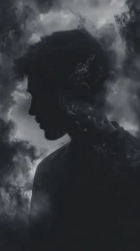 Monochrome silhouette portrait with atmospheric smoke shrouding form.