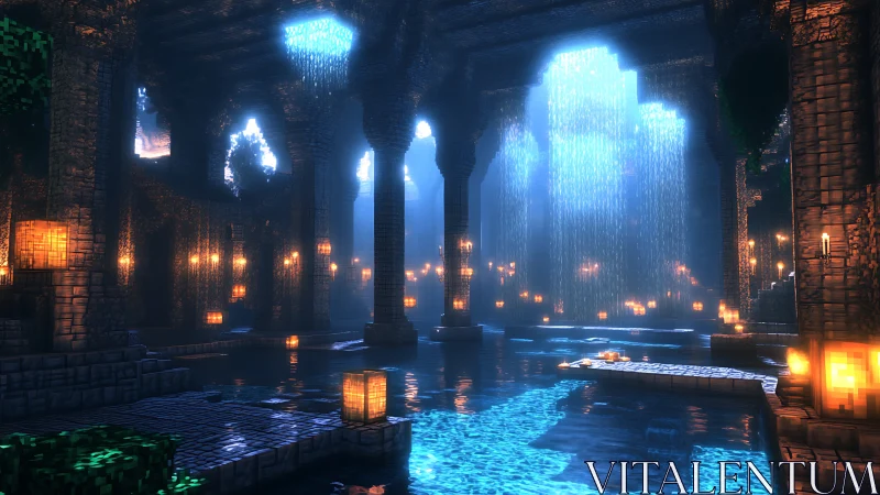 Voxel underground hall with waterfalls and lantern lighting.