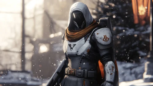 Armored sci fi guardian stands in snowy urban ruins