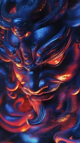 Fiery demon sculpture glows with molten light and shadow