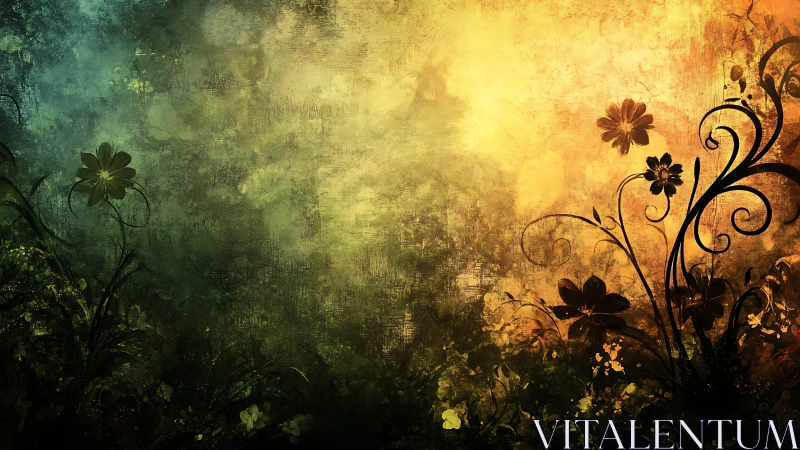 Ethereal Floral Gradient: Green to Gold Digital Artwork