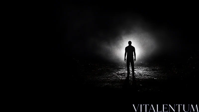 Silhouette of lone person standing in harsh backlight at night.