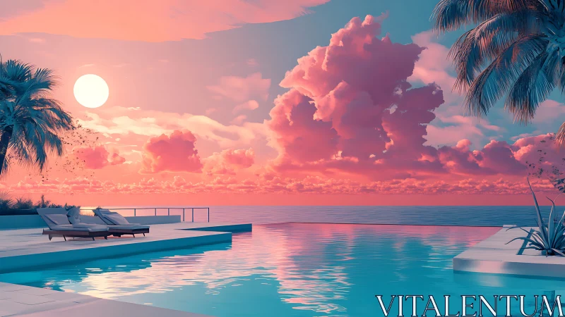 Synthetic sunset poolscape with volumetric clouds and cyan lighting