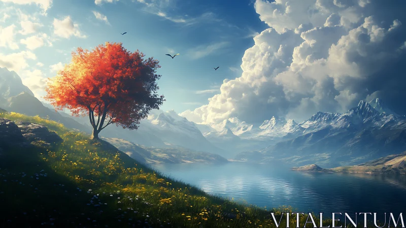 Crimson lone tree glows above a mirror-bright alpine lake.