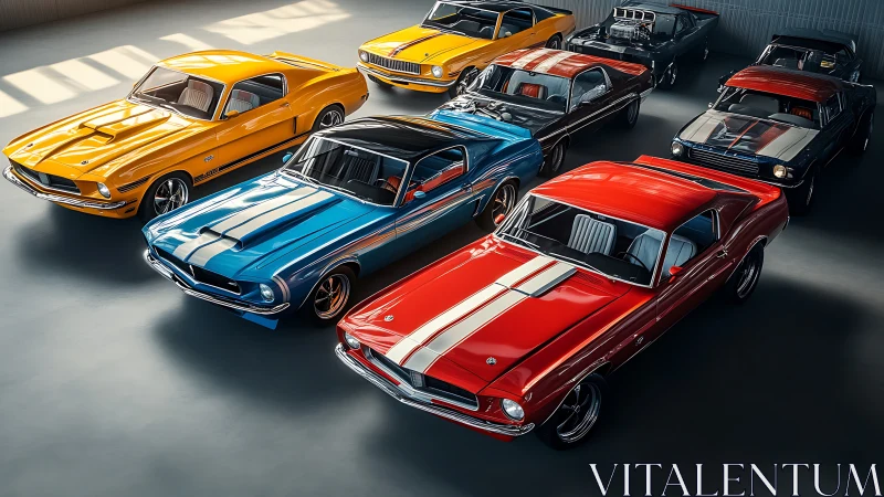 Row of classic muscle cars in controlled studio lighting.
