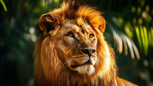 Male lion portrait captures sunlit mane in sharp focus