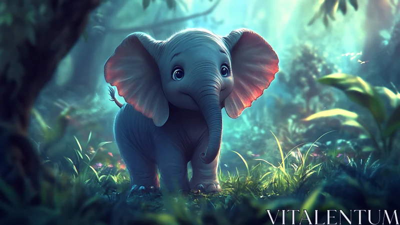 Juvenile cartoon elephant in bioluminescent jungle clearing