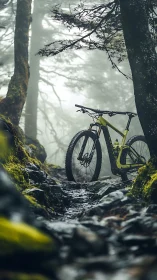 Mountain Bike Awaits Adventure in Misty Woodland