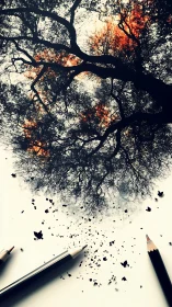Graphite daydream where shattered pencils grow burning trees.