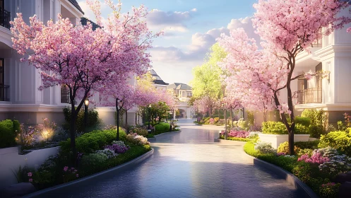 Cherry blossom boulevard frames sunlit luxury residences.