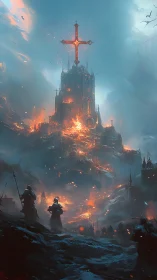 Blazing cathedral fortress crowns a storm of molten faith