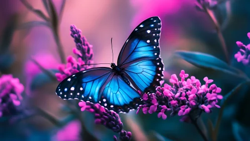Digital painting of blue butterfly on magenta florals in bokeh field.
