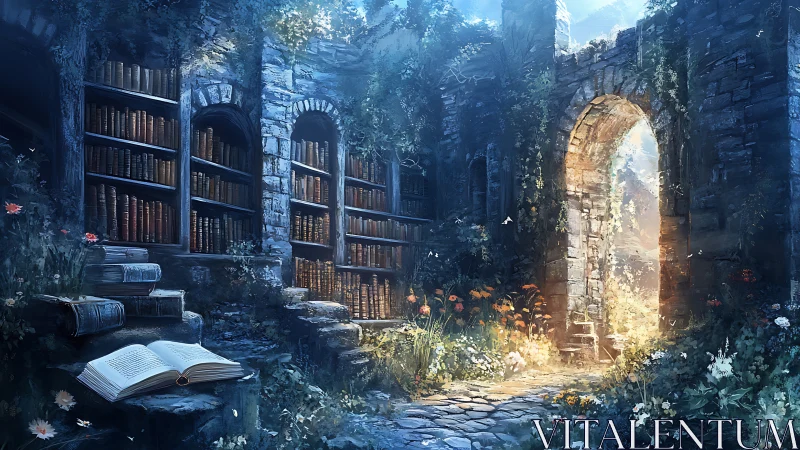 Ancient stone library courtyard with glowing garden gate.