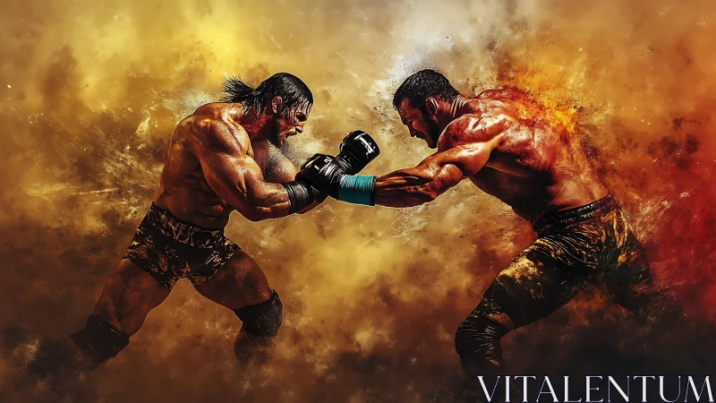 Two shirtless fighters engaged in combat with boxing gloves against explosive fire background.