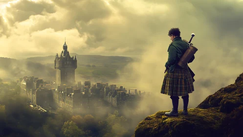 Scottish warrior overlooking misty castle landscape scene.