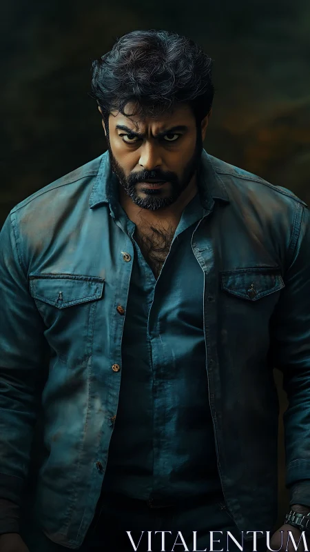 Moody male portrait with cinematic lighting and textured denim