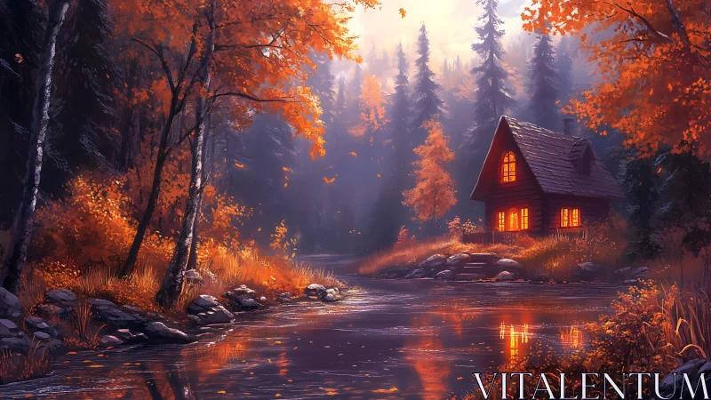 Autumn forest cabin rendered beside reflective river in warm haze